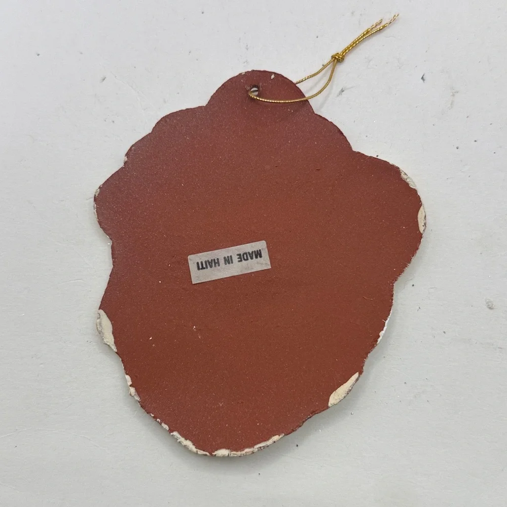 Vintage Santa Claus Face Clay Christmas Ornament Made In Haiti Folk Art Decor